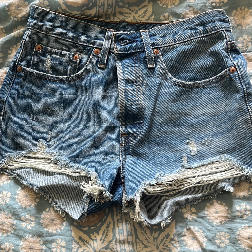 Levi's Light Blue Frayed Hem Jean Shorts